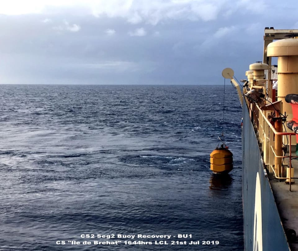 The cable laying vessel, the Ile de Brehat, stationed in the Coral Sea. The buoy marks the location of the PNG segment of the cable (Credit: Vocus)