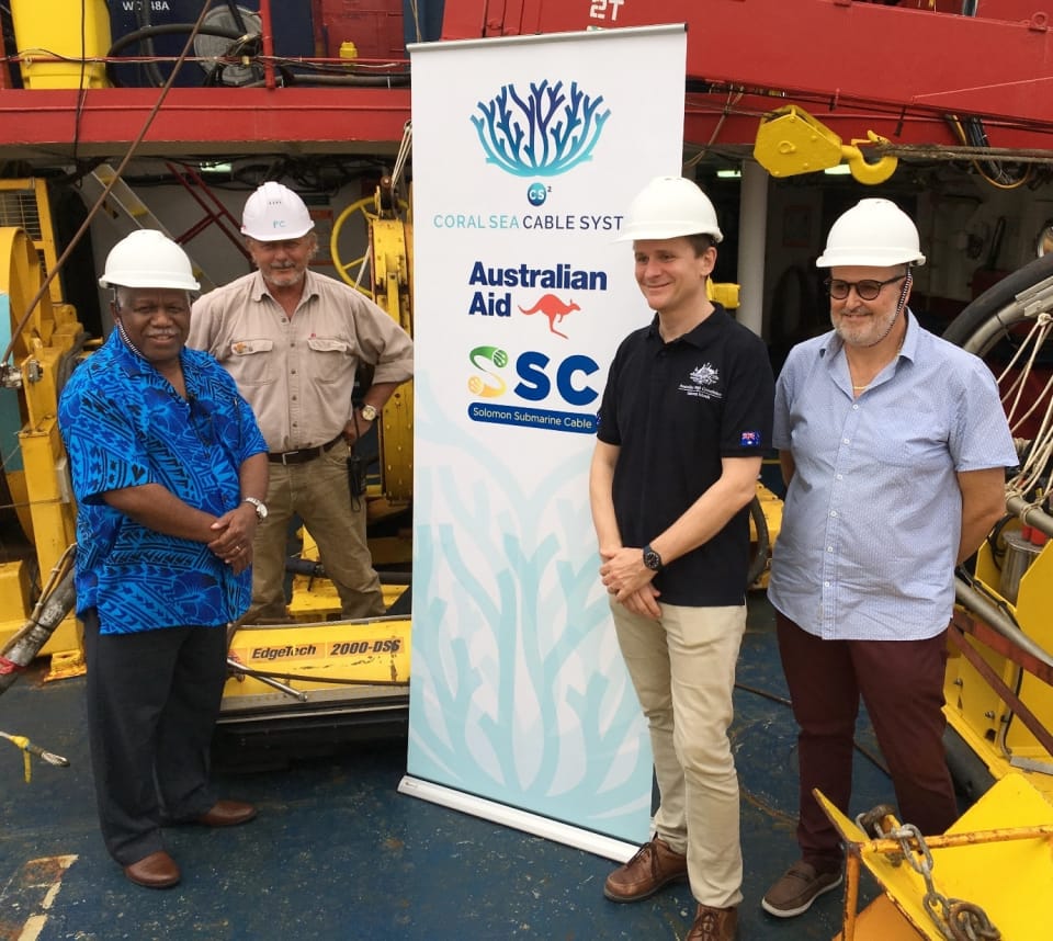 Prime Minister Hou (Solomon Islands), ASN representative Sandy Wilson (EGS), HE Roderick Brazier (Australian High Commisioner to Solomon Islands), Keir Preedy (CEO SISCC) on board the Northern Endeavour in Honiara.