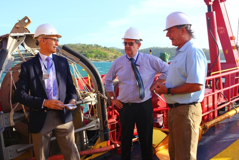 Benedict David (AHC PNG), HE Bruce Davis (Australian High Commissioner to PNG), ASN representative Sandy Wilson (EGS) learning about the marine survey process.